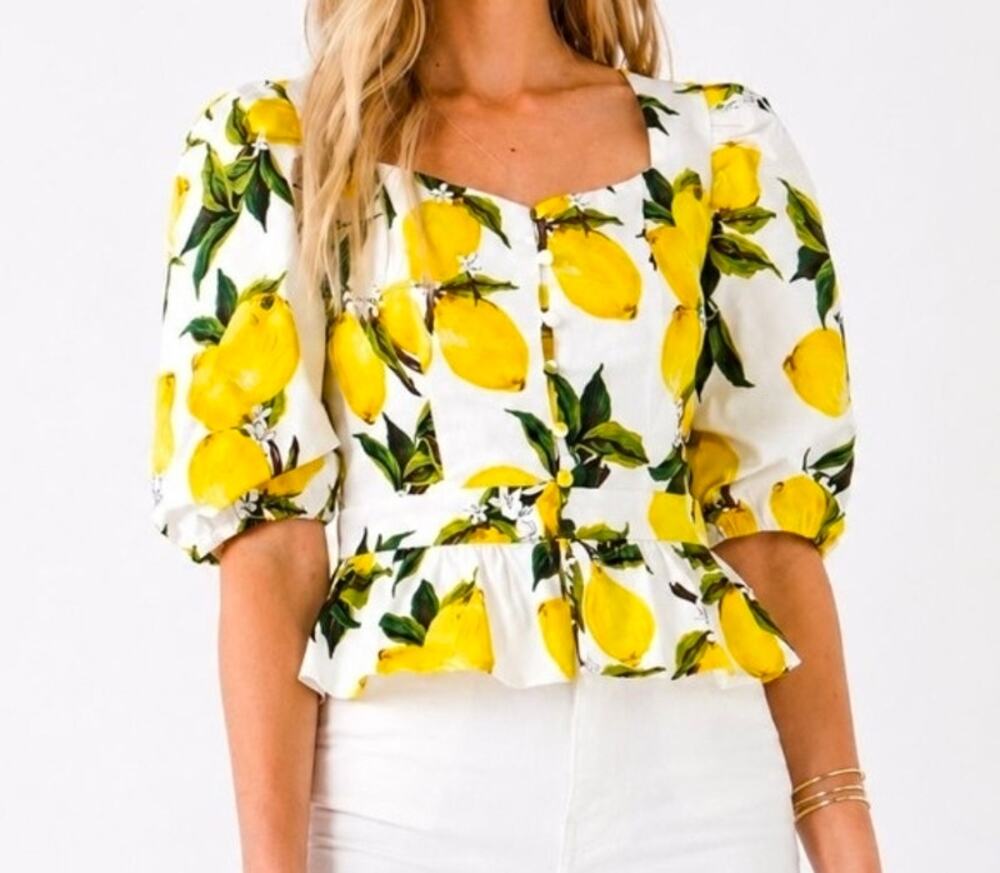 English Factory White Lemon Puff Short Sleeves Peplum Button Down Top Sz Medium